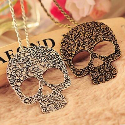 Women's Vintage Gothic Carved Flowers Skull Pendant Chain Necklace Long Sweater Chain Fashion Jewelr