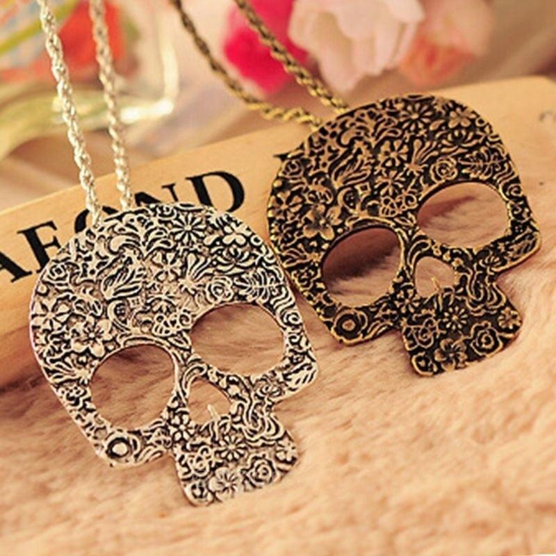 Women's Vintage Gothic Carved Flowers Skull Pendant Chain Necklace Long Sweater Chain Fashion Jewelr