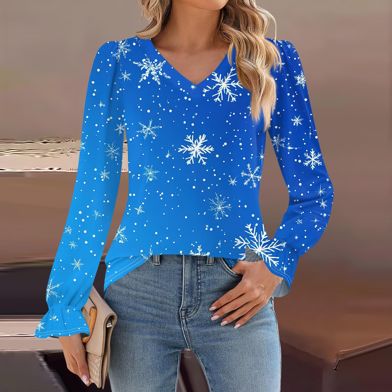 

Женская мода повседневная блузка с длинным рукавом и принтом, V-образным вырезом, рукавом-трубой XL синий