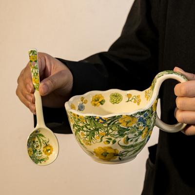 Keramische Mok Handvat Kop Met Lepel Ontbijtkop Havermoutkom Verwarmde Melk Bloeiende Koffiekop Schotel Kom