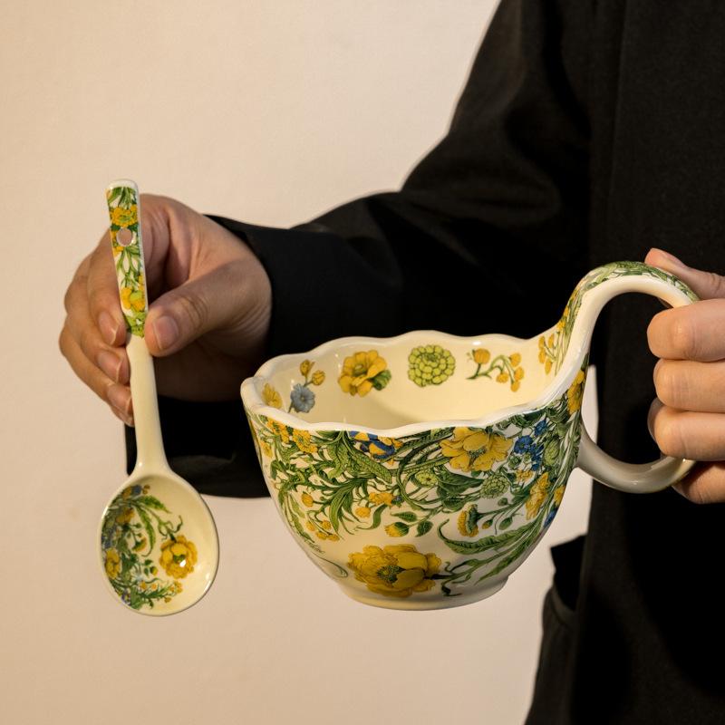 Ceramic Mug Handle Cup With Spoon Breakfast Cup Oatmeal Bowl Heated Milk Blooming Coffee Cup Saucer Bowl