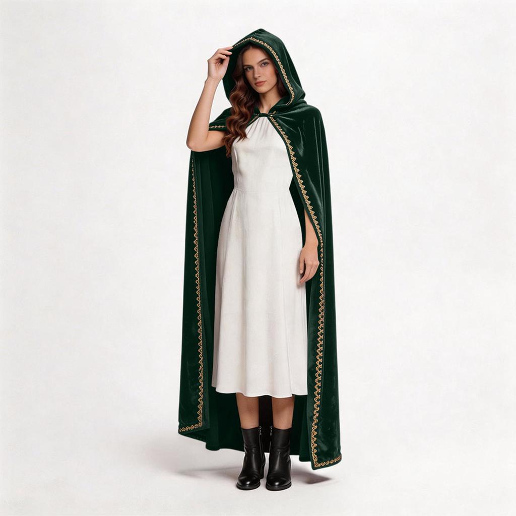 Manteau à Capuche en Velours pour Femme Longue Cape avec Passementerie Décorative pour Costume d'Halloween Cosplay et Événements Thématiques