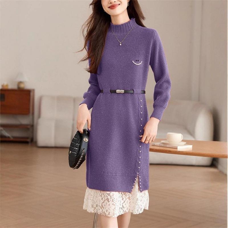 

Элегантное кружевное вязаное платье осень и зима новое длинное до колена свитер-юбка с пальто one size fits all фиолетовый