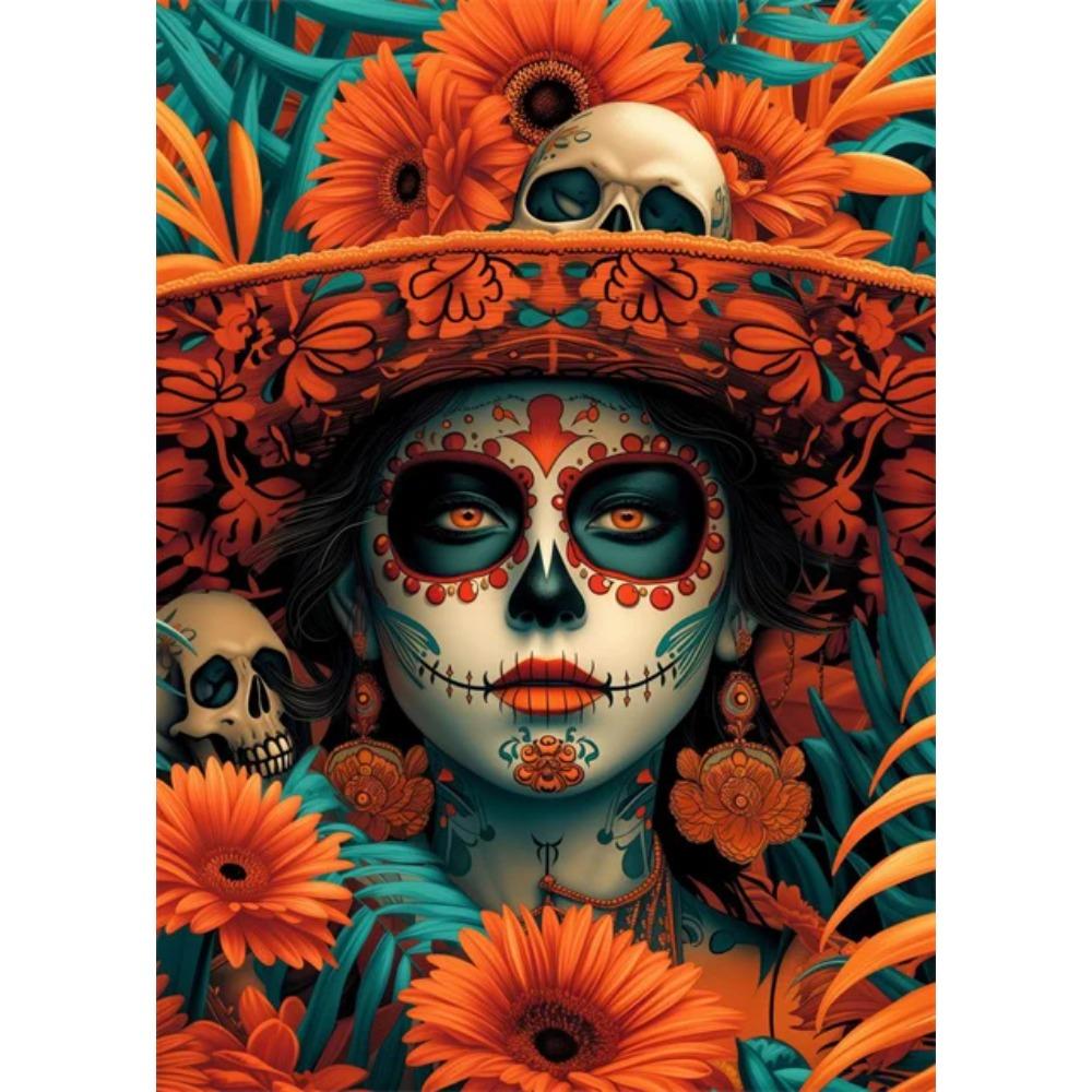 Festive and Mysterious Mexican Girl Day of Dead Gothic Sugar Skulls Canvas Painting Posters Prints Wall Art Picture Home Decor