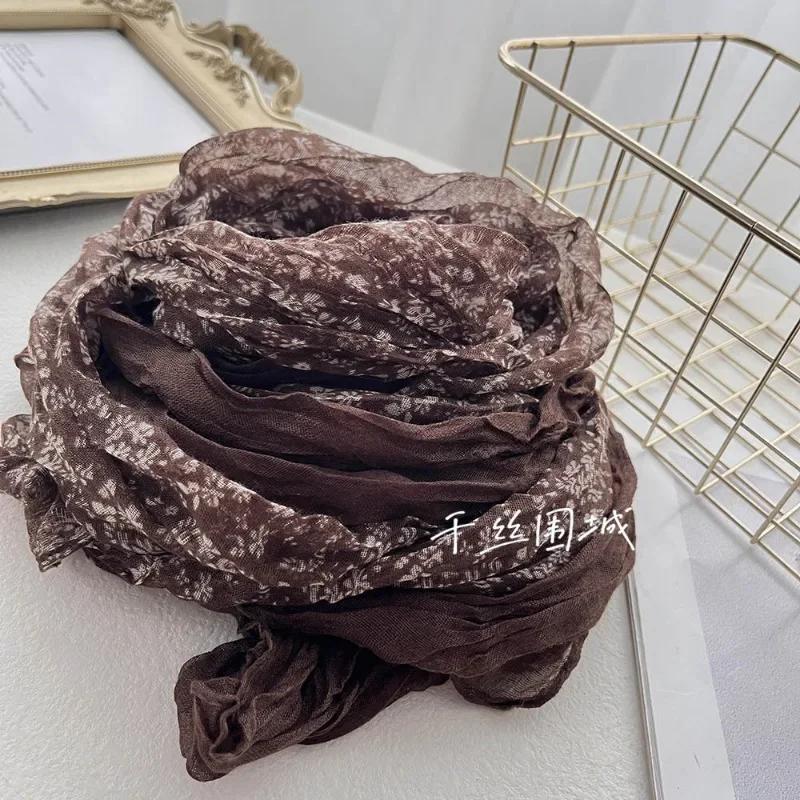 New Artistic Floral Retro Pleated Cotton Linen Scarf Thin Versatile Women's Scarves Paired Clothing Autumn Winter Fashion Trend