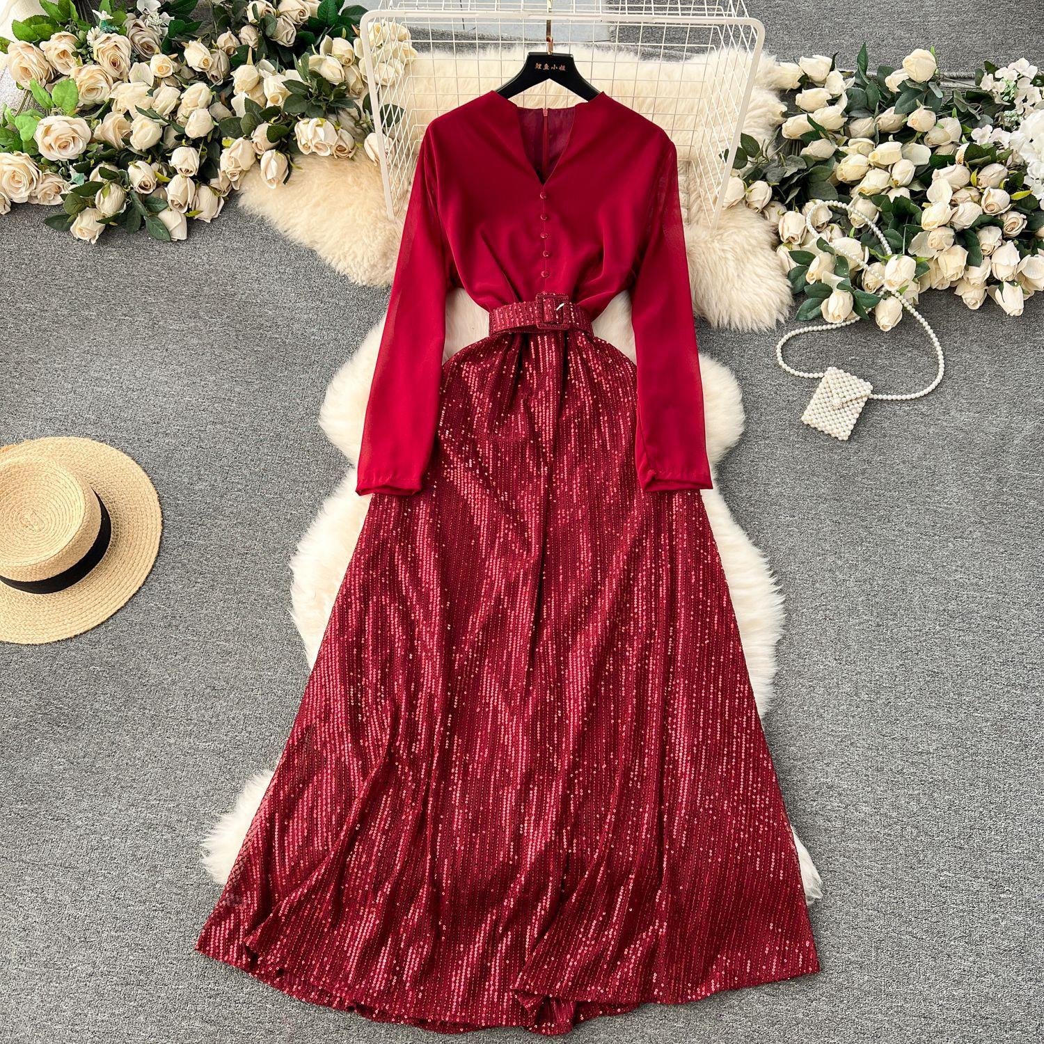 

Женское модное винтажное элегантное платье А-силуэта, весеннее платье с V-образным вырезом, имитация двух частей, с длинными рукавами, лоскутное платье с пайетками для вечеринки и отпуска One Size вино красного