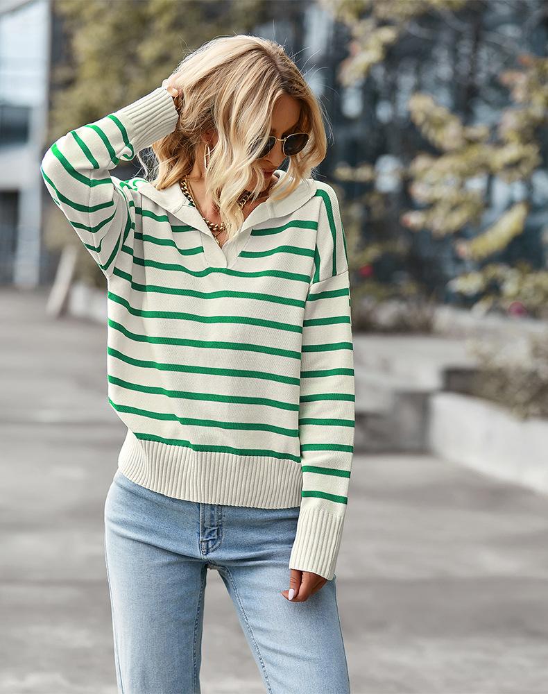 Women's Winter Polo Neck Ladies Clashing Striped Sweater Top