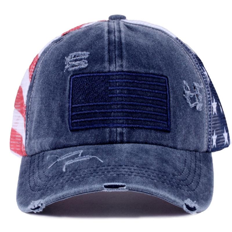 Distressed Wash Cotton Baseball Hat with Star Print Curved Brims Mesh Ponytail Sun Hat for Patriotic Women Teens Girl