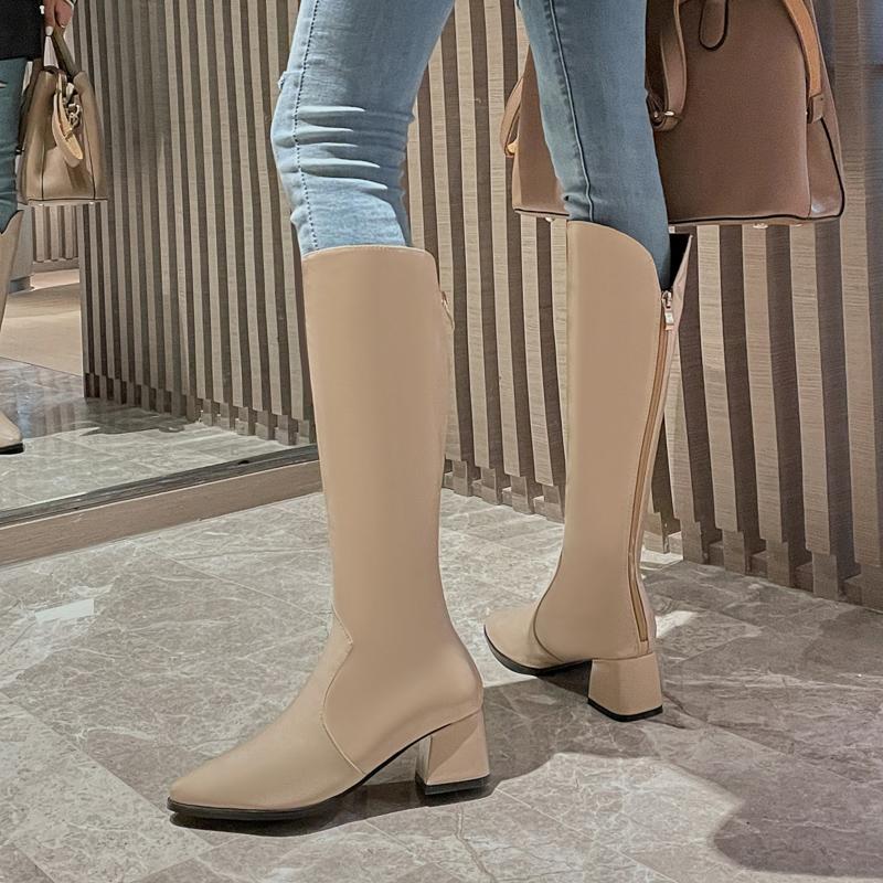 Women's High-heeled Boots Autumn and Winter Temperament Versatile Thick Heel Solid Color Large Size Medium Boots