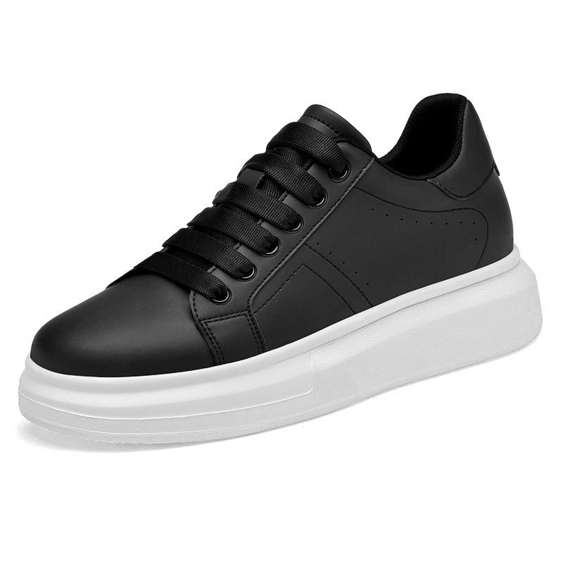 Men's 8CM Height-Boosting White Low-Top Cowhide Casual Shoes, Thick Sole, Large Sizes, Youth Fashion