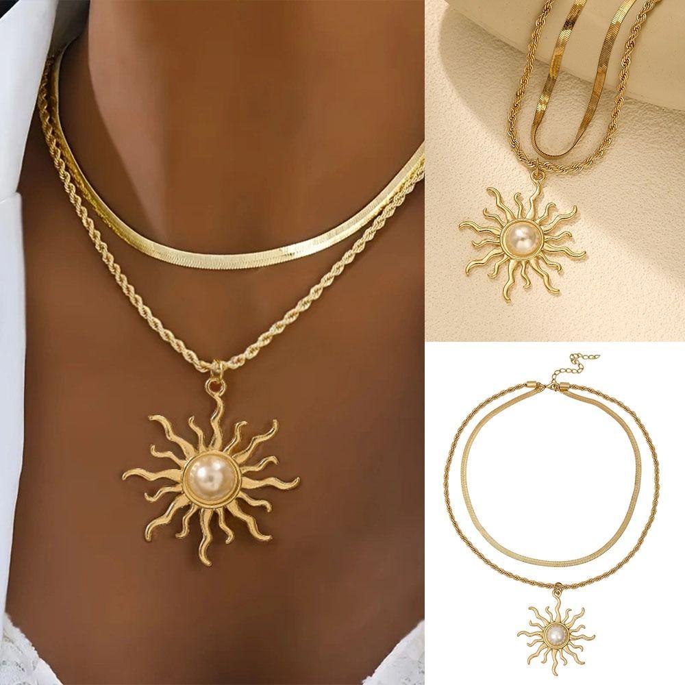 2 Peças/Conjunto Colar com Pingente de Girassol da Moda Estilo Europeu Americano Joias para Clavícula para Mulheres