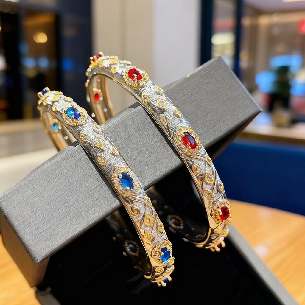 Meiji Two-Tone Italian Retro Bracelet with Rhinestones and Brushed Emerald Court Style