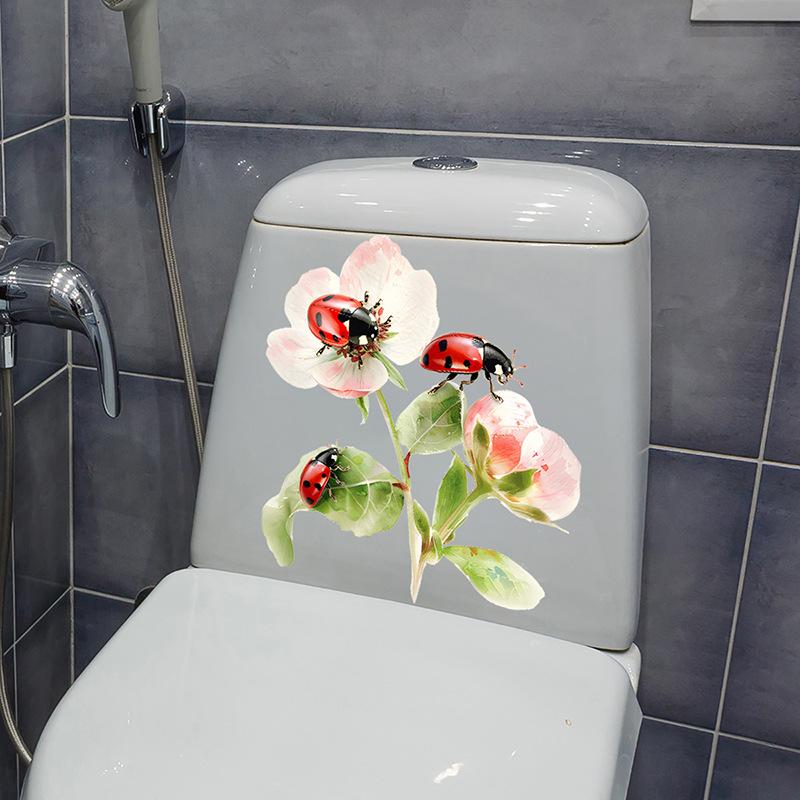 Hand Painted Floral Ladybug Toilet Seat Sticker Waterproof Self-Adhesive Removable Decal for Bathroom WC Decoration