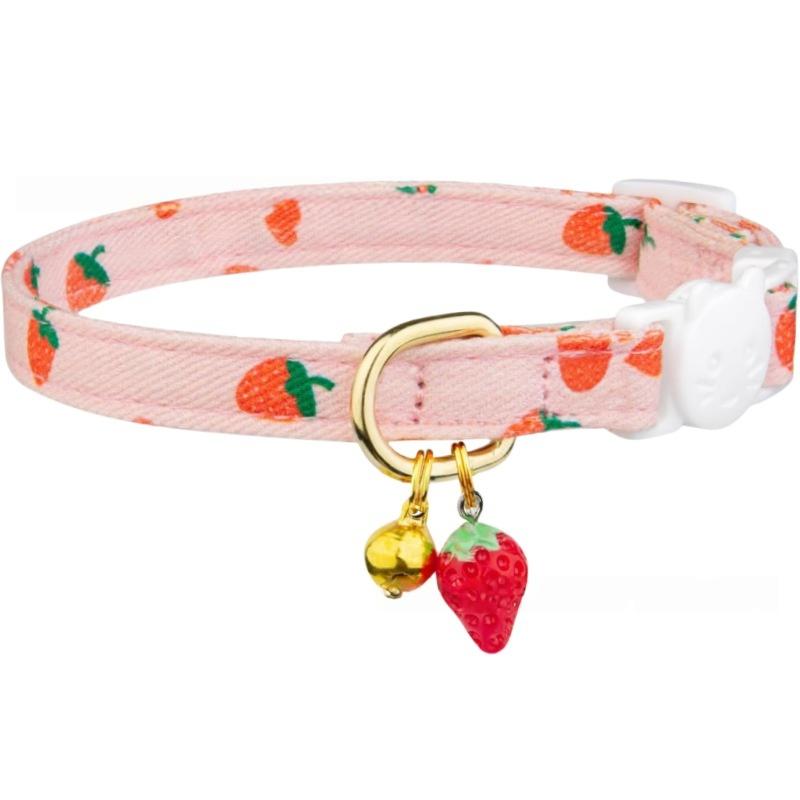 2Pcs Cotton Breakaway Cat Collar with Bell Flower Pendant, Red Green Floral Cute Kitten Collar