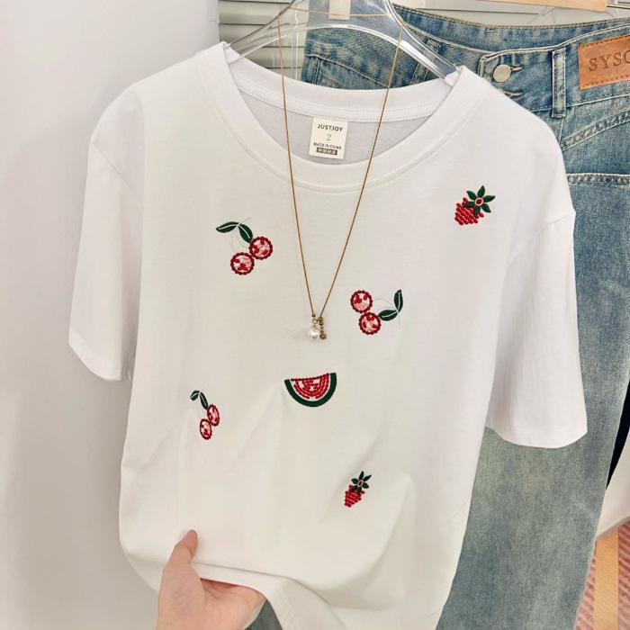

Plus Size Summer Embroidered Cotton T-shirt - Loose Fit, Short Sleeve, Age-Reducing Casual Design for Women Large білий