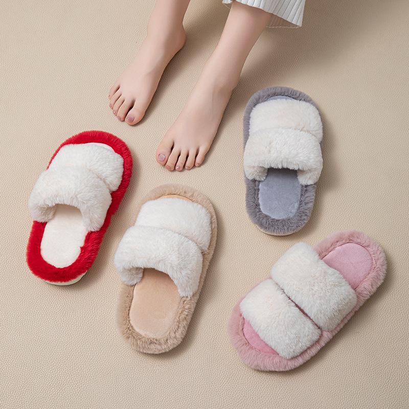 Fashion Fashion  Fur Slippers Women Indoor Light Warm Plush Home Slippers Woman Faux Fur Flat Heel Couple Slides  Pantuflas Mujer