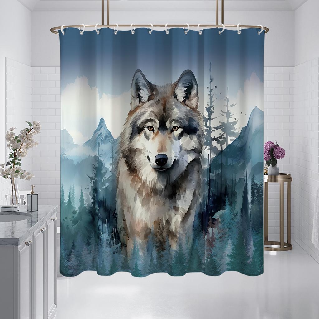1 Stück Aquarell-Wolfsmuster bedruckter Duschvorhang, wasserdicht und waschbar, mit 12 Haken, Badezimmerdusche, Badewanne, Heimgebrauch