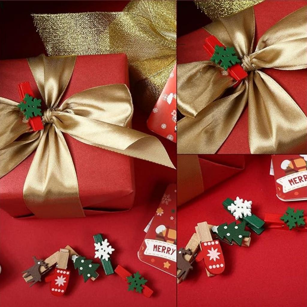 100PCS Christmas Wood Clips Christmas Tree Photo Clips Elk Gloves Snowflake Clothespins DIY Photo Pegs for Home Art Craft Decor