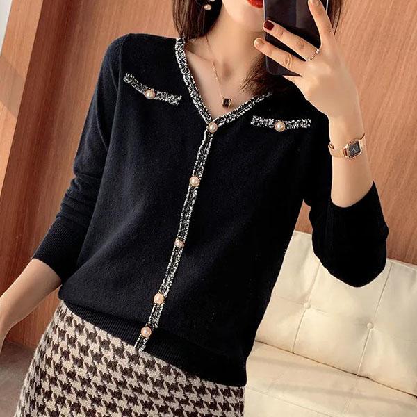 

Женский весенне-осенний однотонный шерстяной свитер с v-образным вырезом, универсальный жемчужный декор, повседневные топы с длинными рукавами M чёрный
