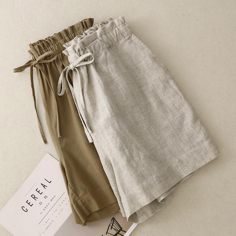Summer thin cotton and linen literary loose casual wide-leg pants a-word high-waisted shorts women