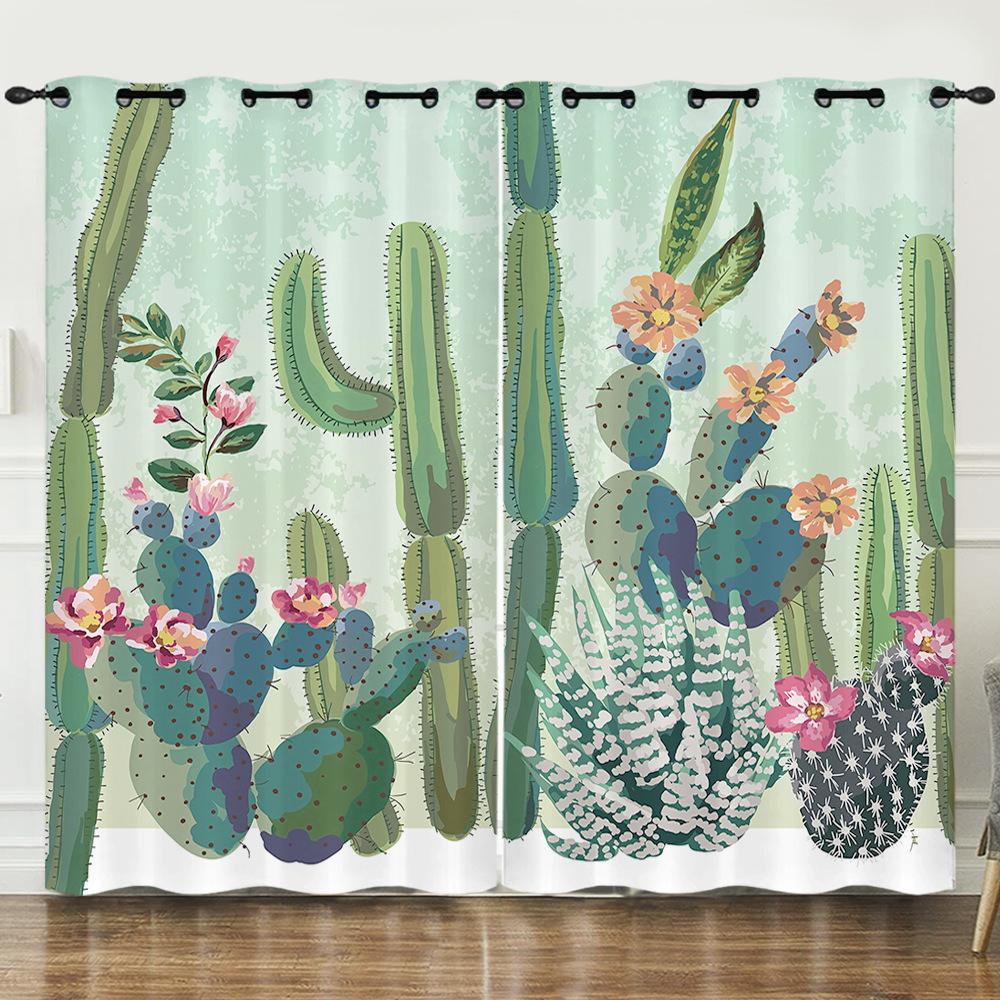 Curtains Fresh Green Plants Hand-Painted Cactus 3D Digital Printing Blackout Curtain Punching