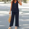 2 Pcs/Set Women Vest Pants Set Sleeveless V Neck Button Decor Wide Leg Straight Loose Solid Color Lady Top Trousers