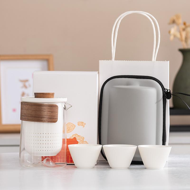 Yuanshan suet jade porcelain travel tea set outdoor set high-end celebration commemorative business souvenir gift box gift bag