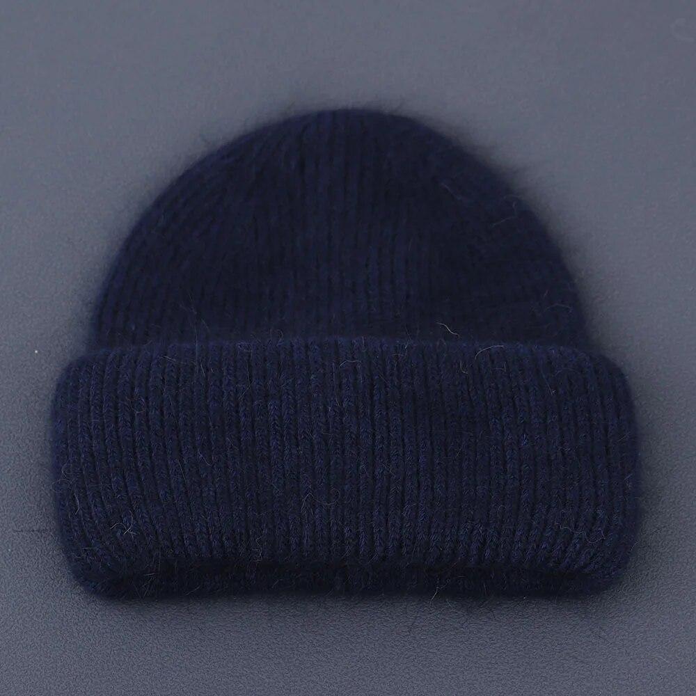 Winter Real Rabbit Fur Knitted Beanies For Women Fashion Solid Warm Cashmere Wool Skullies Beanies Female Fold Thick Hats