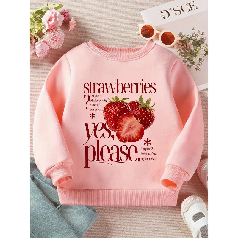 Kids Crewneck Long Sleeve Sweatshirt, Strawberry Text Graphic Print