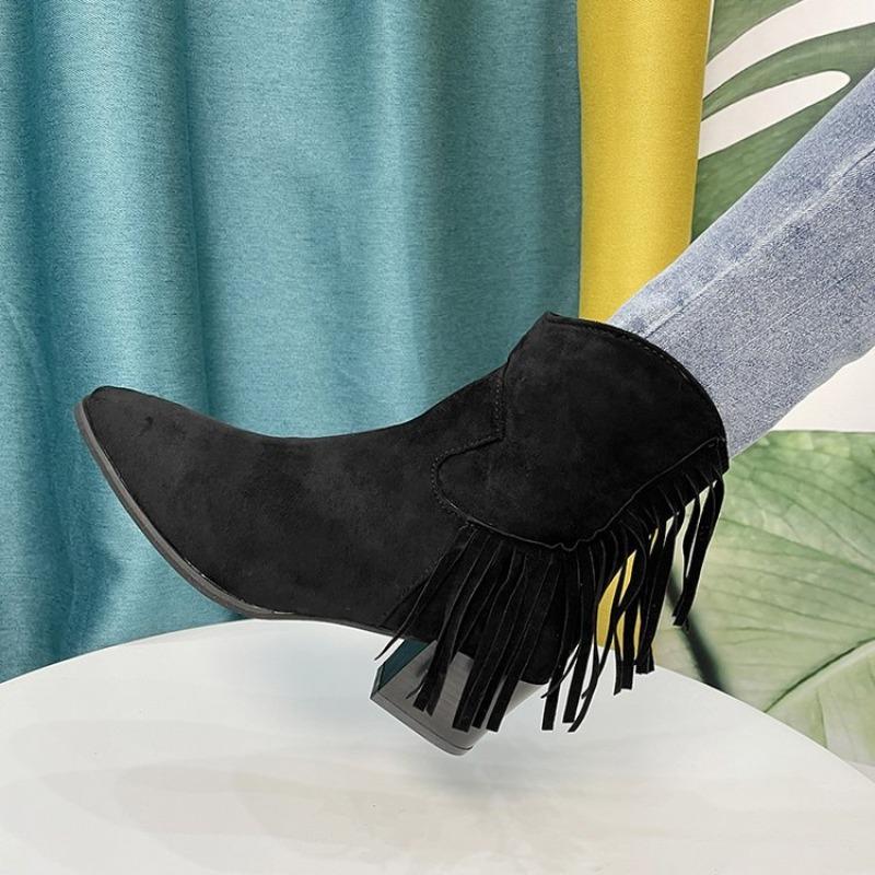 Autumn Winter Ankle Boots for Women, Matte Large Size, Tassel, Mid Heel, Side Zipper, Retro Pointed Toe Women's Boots