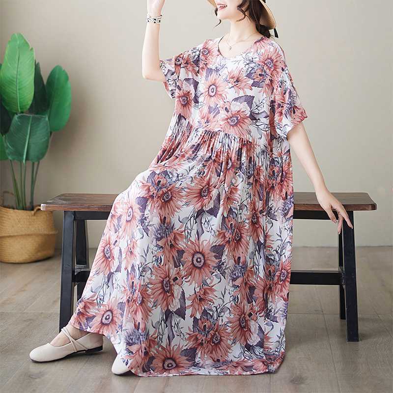 

Простые Модные Летние Новые Увеличенные Платья с Коротким Рукавом и Круглым Вырезом с Принтом One Size красный