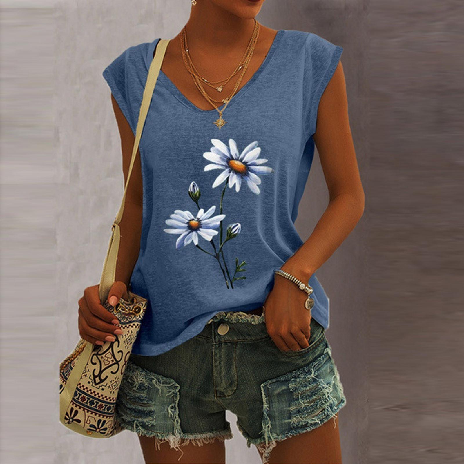 

Женская футболка с V-образным вырезом, повседневная майка с коротким рукавом, принт, свободная блузка, майки XL синий