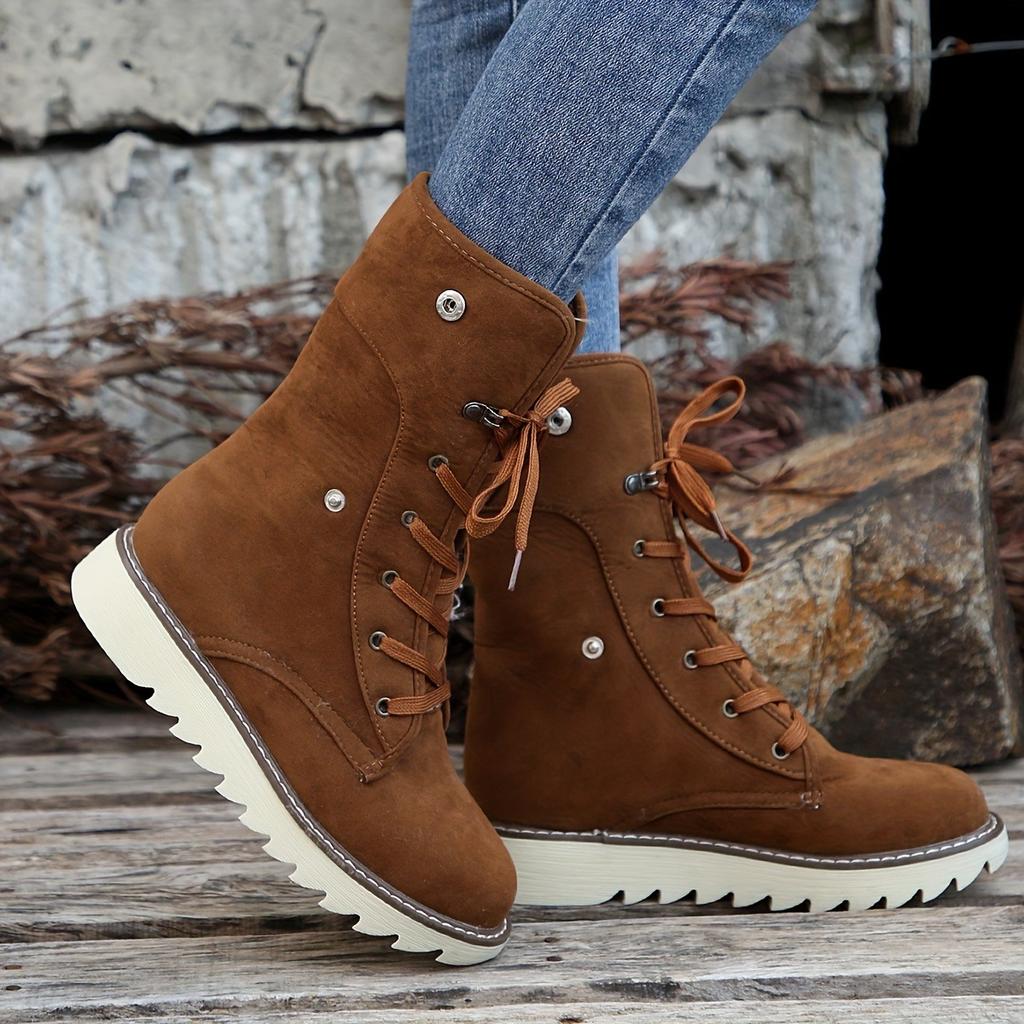 Women's Velvet Short Boots - Lace Up Round Head Flat Bottom Ankle Boots, Non Slip Outsole and Soft Inner Lining, Mid Barrel Style, Durable Grip Floor