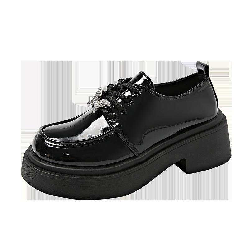 Black Small Leather Shoes Women's 2025 New Spring and Autumn Patent Leather Butterfly Diamond College Wind Lace-up Thick-soled Deep-mouth Single Shoe