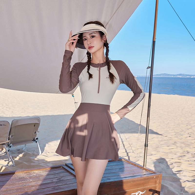 Swimsuit Women Long Sleeve One Piece Patchwork Monokini Push Up Korean Style Bathing Suit Swim Dress Zipper Uv Protection