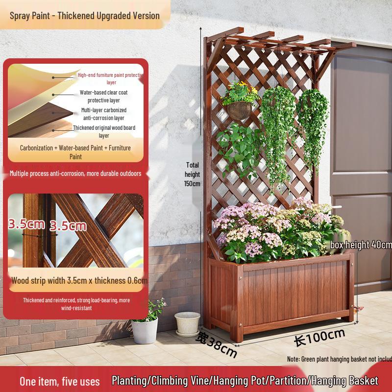 Carbonized Wooden Planter with Trellis: Outdoor Anticorrosive Flower Pot and Climbing Rack for Balcony or Garden.