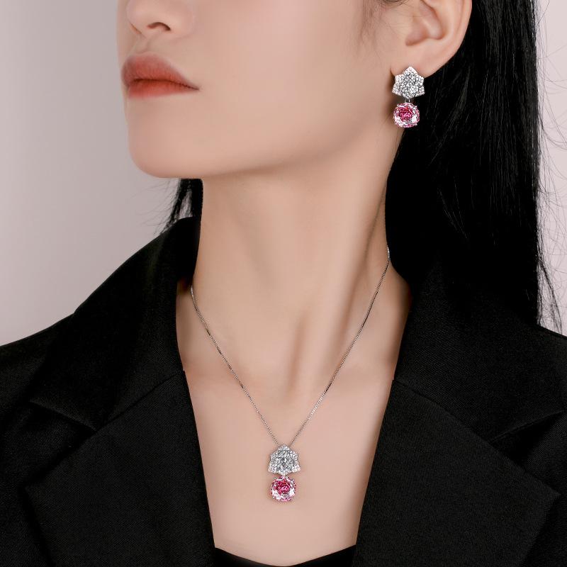 Conjunto de Pingente de Pétala Vermelha Rosa com Corte Rosa Simulação de Joia Pedra Principal 12Mm
