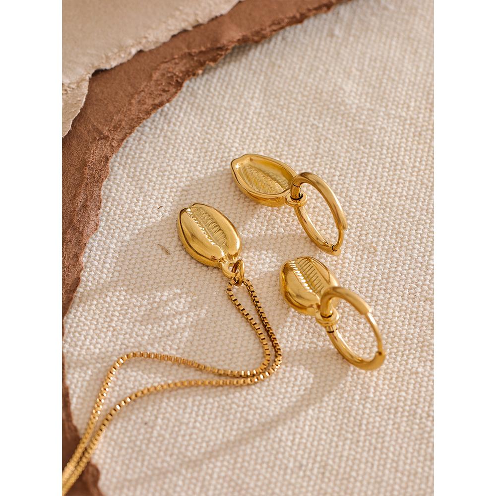 Yhpup Stainless Steel 18k Gold Color Metal Shell Hoop Earrings Necklace Fashion  Jewelry Set Women Waterproof Allergy Prevention