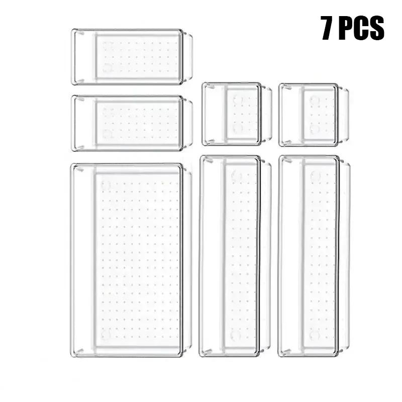 Versatile 7/14-Piece Drawer Organizer Set - Clear Plastic Dividers And Trays in 4 Sizes For Perfect Makeup And Kitchen  Storage