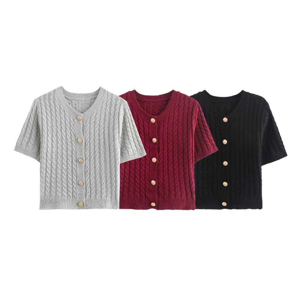 Versatile V-Neck Short-Sleeve Cable Knit Sweater for Women