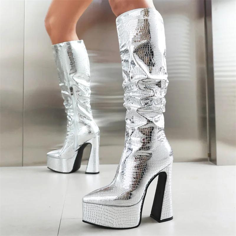 Gold Pleated Knee High Platform Boots Women Chunky Heels Sexy Silver White Croc Party Club Ladies Zipper Pointed Toe Long Boots