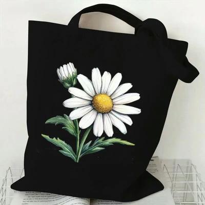 Sac Tote en Toile Noire avec Fleur de Camomille Sac à Main Épaule Décontracté Élégant Pour Shopping, Usage Quotidien & Cadeaux, Sac à Main pour Shopping