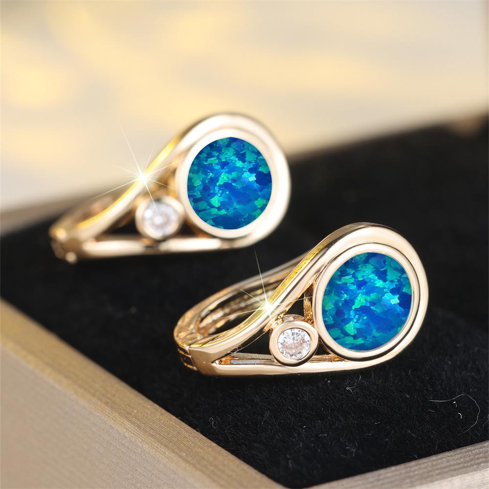 White Zircon Blue Opal Round Stone Hoop Earrings For Women Vintage Gold Color Ear Buckle Wedding Jewelry Bridal Engagement Gifts