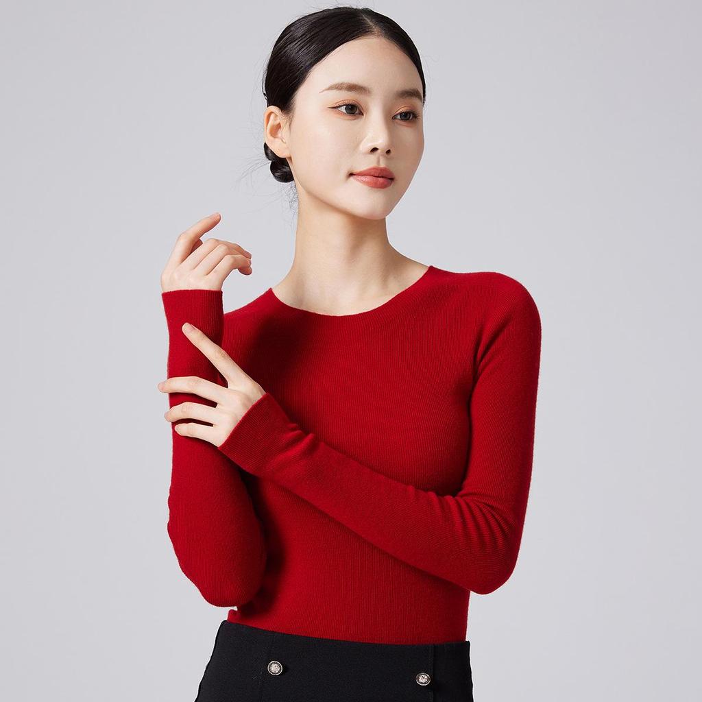 Machine Washable Women's Seamless 100% Pure Wool Round Neck Knit Sweater, 60 Count, 18 Gauge, Autumn Base Layer