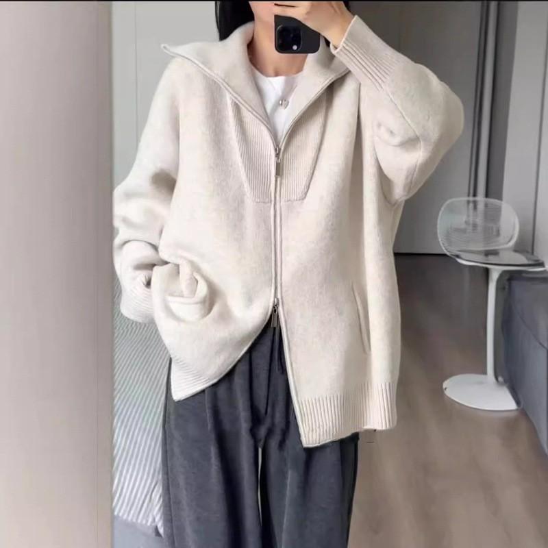 Womens Oversized Knit Cardigan Double Zip Lapel Thick Warm Sweater Coat Fall Winter