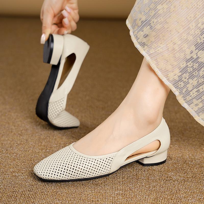 Summer Thick Heel Hollow Sandals for Women French Style Single Leather Shoes
