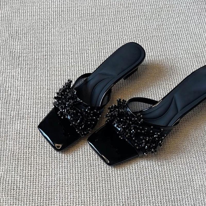 

Женские летние шлепанцы из овчины, сетки со стразами и кожи, с квадратным носком и высоким каблуком, красивые, с темпераментом, крутые 40