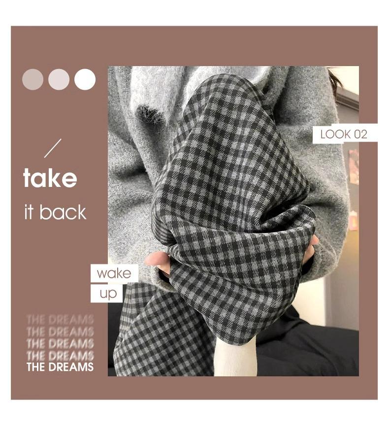 Black & Gray Wide-Leg Plaid Wool Pants, XS, High-Waisted, Petite Fit, Retro Style for Autumn/Winter