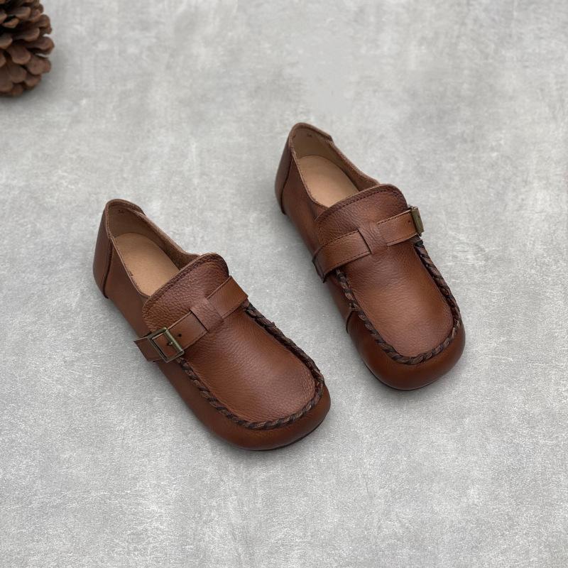 Johnature Handmade Genuine Leather Loafers Round Toe Soft Sole Casual Women's Flat Shoes