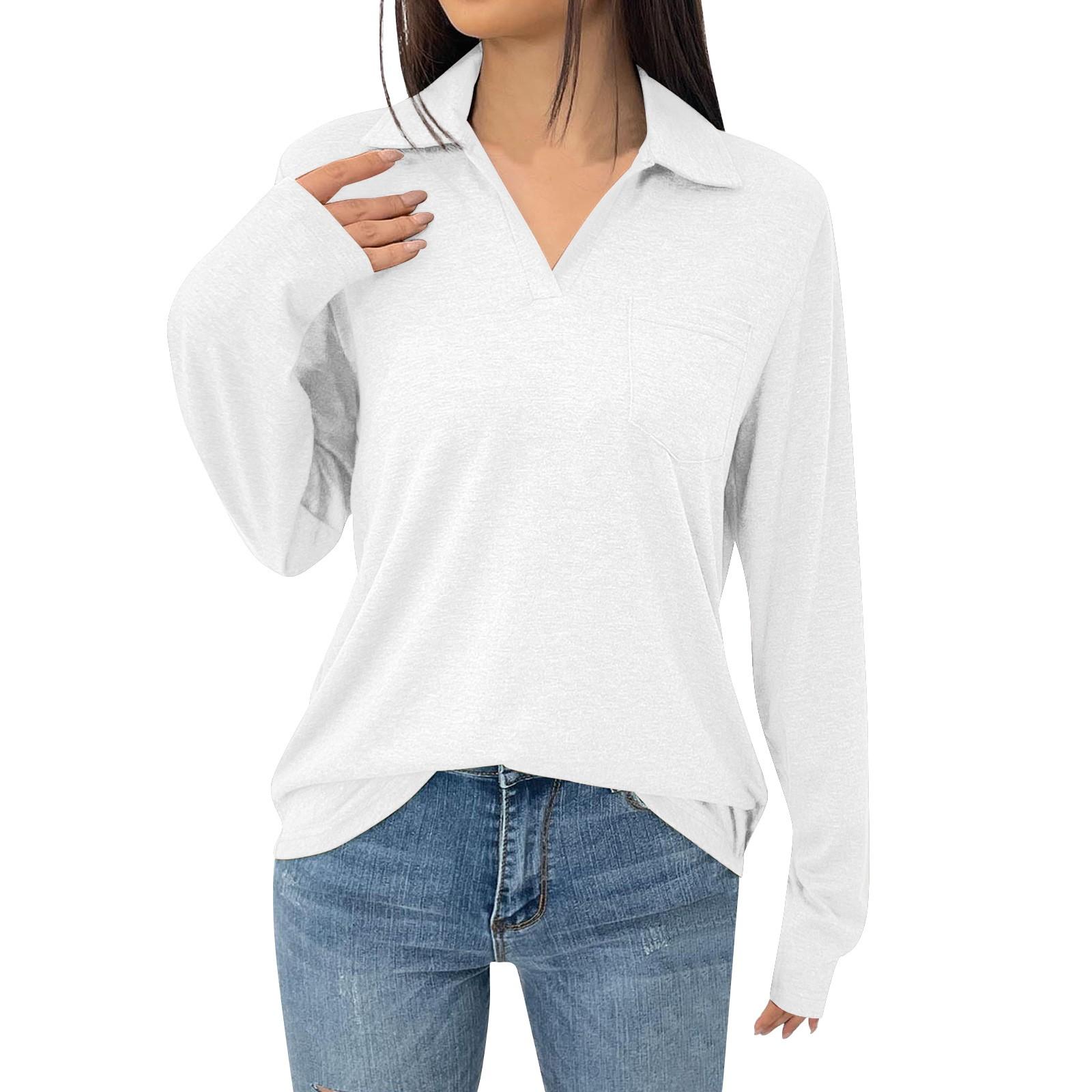 

Женская модная однотонная свободная футболка с лацканами и длинными рукавами и карманами XL белый